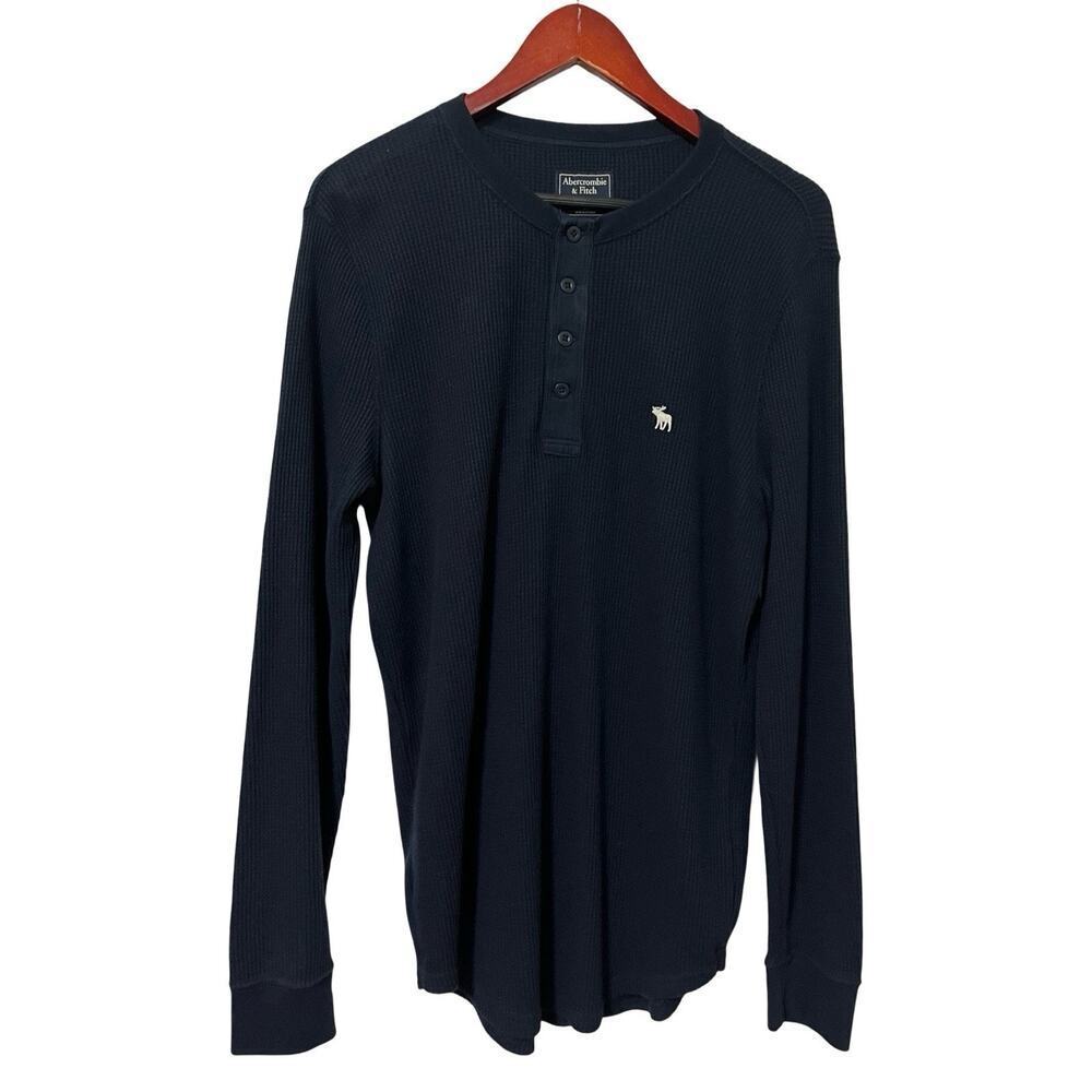 Abercrombie & Fitch Men's Ribbed‎ Henley Top Size L Navy Fitted Y2K Preppy